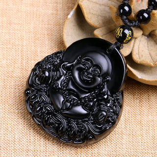 Buddha Gift Laughing Buddha Black Obsidian Strength Protection Pendant Necklace