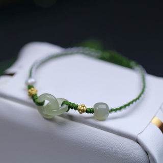 Buddha Gift 925 Sterling Silver Hetian Jade Double Peace Buckle Luck Braided Bracelet
