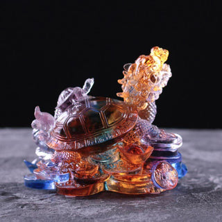 Buddha Gift Feng Shui Dragon Turtle Coins Handmade Liuli Crystal Luck Art Piece Home Office Decoration