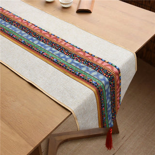 Buddha Gift Classic Chinese Style Lotus Koi Fish Flower Crane Calligraphy Enlightenment Cotton Linen Tassels Table Runner