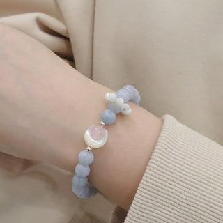 Buddha Gift 925 Sterling Silver Natural Amethyst Aquamarine Pink Crystal Cat's Eye Healing Crescent Moon Bracelet