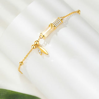 Buddha Gift 925 Sterling Silver 18K Gold Plated White Jade Bamboo Zircon Leaf Luck Bracelet