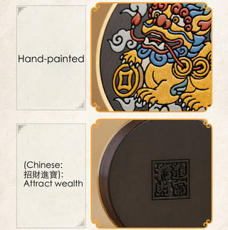 Buddha Gift PiXiu Copper Coin Ebony Wood Luck Attract Wealth Key Chain Decoration