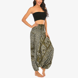 Buddha Gift Two Style Wear Elephant Pattern Loose Smocked Harem Trousers Jumpsuit Women's Yoga Pants