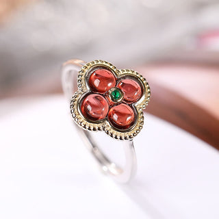 Buddha Gift 925 Sterling Silver Natural Garnet Four-leaf Clover Protection Necklace Pendant Ring