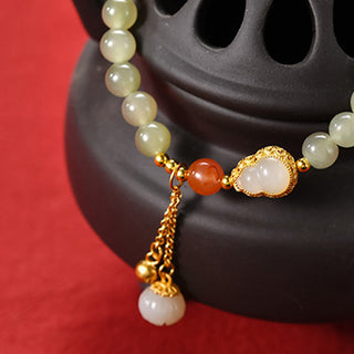 Buddha Gift 925 Sterling Silver Hetian Jade Gourd Lotus Abundance Luck Bracelet