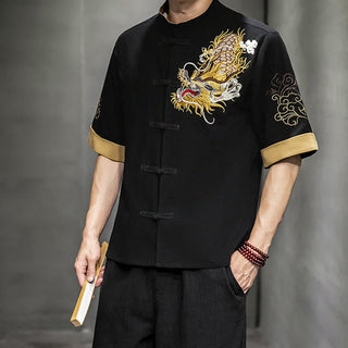 Buddha Gift Frog-Button Chinese Dragon Auspicious Cloud Embroidery Half Sleeve Shirt Cotton Linen Men Clothing