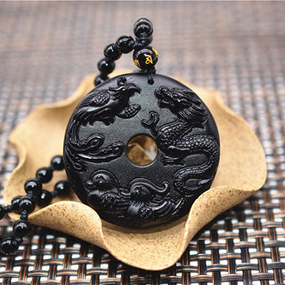 Buddha Gift Black Obsidian Dragon Phoenix Mandarin Duck Luck Protection Necklace Pendant