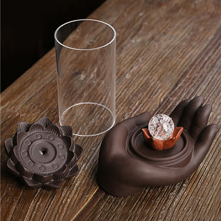 Buddha Gift Buddha Hand Lotus Enlightenment LED Light Purple Clay Ceramic Incense Burner Decoration