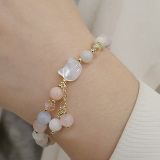 Buddha Gift Natural Strawberry Quartz Morganite Tridacna Stone Cat Love Bracelet
