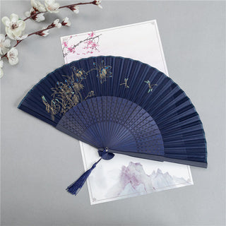 Buddha Gift Crane Dragonfly Lotus Peony Plum Blossom Butterfly Handheld Silk Bamboo Folding Fan 22.5cm