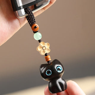 Buddha Gift Mini Small Leaf Red Sandalwood Ebony Wood Lucky Cat Lovely Kitty Peace Key Chain Phone Hanging Decoration