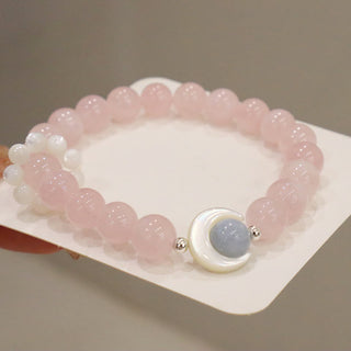 Buddha Gift 925 Sterling Silver Natural Amethyst Aquamarine Pink Crystal Cat's Eye Healing Crescent Moon Bracelet