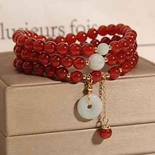 Buddha Gift Natural Red Agate Jade Peace Buckle Calm Triple Wrap Bracelet