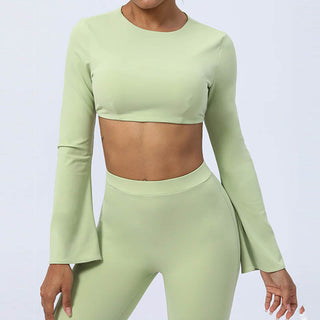 Buddha Gift Long Sleeve Backless Strap Top Bra Flare Pants Fitness Yoga Outfit