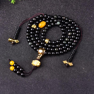 Buddha Gift 108 Beads Natural Black Obsidian Lotus Fulfilment Mala Bracelet