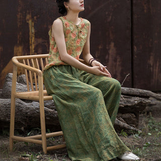 Buddha Gift Green Yellow Ramie Linen Flexible Waistband Wide Leg Pants With Pockets