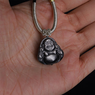 Buddha Gift Natural Silver Sheen Obsidian Laughing Buddha Protection Necklace Pendant