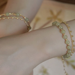 Buddha Gift 14K Gold Plated 2 Layers Hetian Jade Bead Luck Prosperity Bracelet