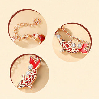 Buddha Gift 925 Sterling Silver Lucky Koi Fish Cinnabar Zircon Prosperity Double Layer Chain Bracelet