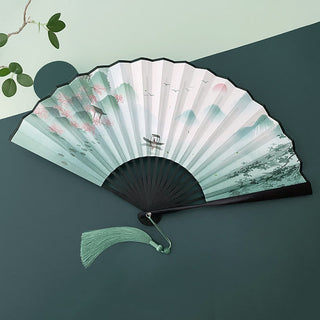 Buddha Gift Retro Lotus Flower Leaf Mountain Lake Handheld Folding Fan With Bamboo Frames