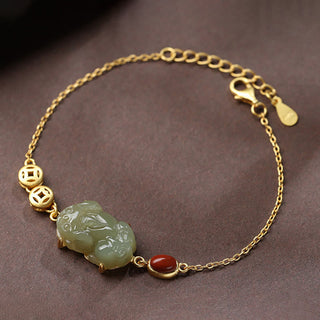 Buddha Gift Cyan Jade PiXiu Copper Coin Red Agate Success Chain Bracelet