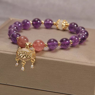 Buddha Gift Natural Amethyst Strawberry Quartz Cat Eye Chinese Lock Charm Healing Bracelet