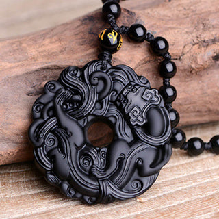 Buddha Gift Natural Black Obsidian Peace Buckle Pixiu Purification Necklace Pendant