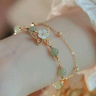 Buddha Gift 14K Gold Plated Jade Butterfly Tridacna Stone Flower Double Layer Luck Bracelet