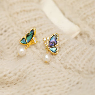 Buddha Gift 18K Gold Plated Copper Pearl Butterfly Love Stud Earrings