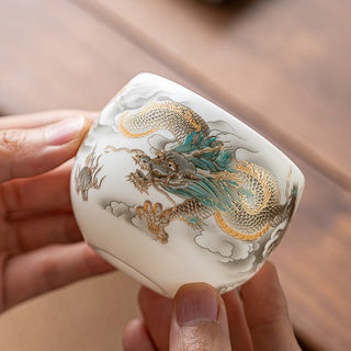 Buddha Gift Dragon Phoenix Auspicious Clouds Ceramic Teacup Kung Fu Tea Cup With Gift Box