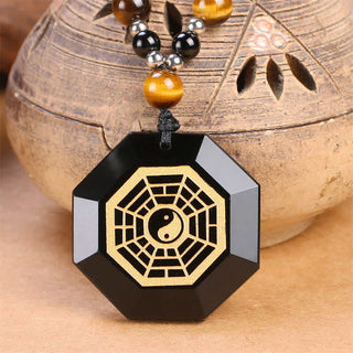 Buddha Gift Bagua Yin Yang Black Obsidian Purification Beaded Necklace Pendant