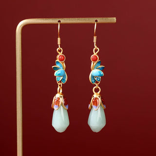 Buddha Gift Magnolia Flower Jade Pattern Luck Prosperity Drop Dangle Earrings