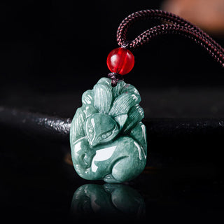 Buddha Gift Natural Green Jade Nine Tailed Fox Engraved Prosperity Necklace Pendant