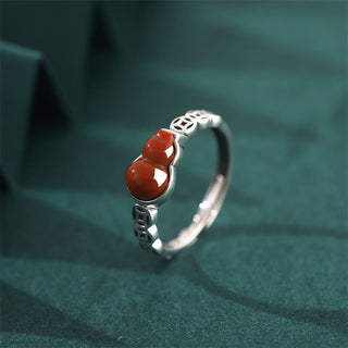 Buddha Gift 925 Sterling Silver Red Agate Gourd Copper Coin Self-acceptance Ring