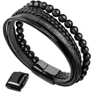 Buddha Gift Natural Lava Rock Black Onyx Bead Leather Bracelet