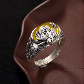 Buddha Gift Citrine Lotus Blessing Protection Adjustable Ring