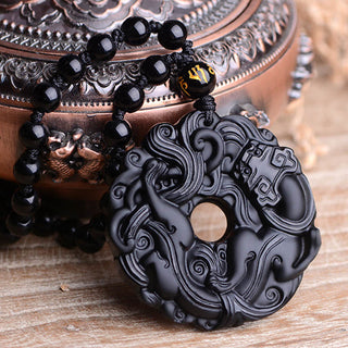 Buddha Gift Natural Black Obsidian Peace Buckle Pixiu Purification Necklace Pendant