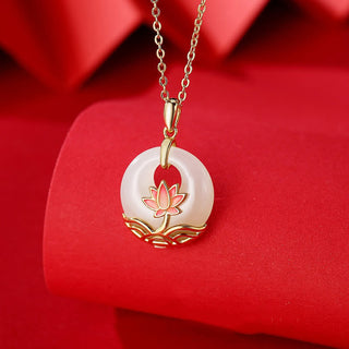 Buddha Gift 925 Sterling Silver Hetian White Jade Lotus Flower Blessing Necklace Pendant