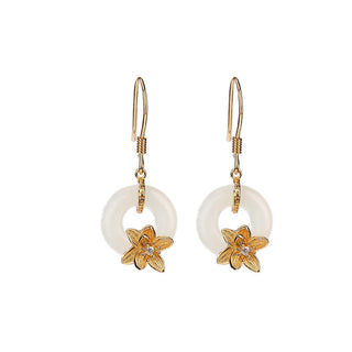 Buddha Gift 925 Sterling Silver Hetian Jade Peace Buckle Orchid Prosperity Earrings