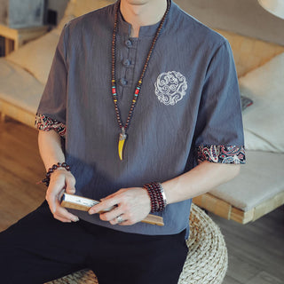 Buddha Gift Frog-Button Dragon Embroidery Chinese Tang Suit Short Sleeve Shirt Linen Men Clothing