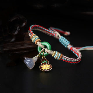 Buddha Gift Colorful Rope Chalcedony Lotus Jade Peace Buckle Harmony Gourd Charm Bracelet