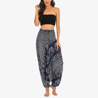 Buddha Gift Two Style Wear Elephant Pattern Loose Smocked Harem Trousers Jumpsuit Women's Yoga Pants