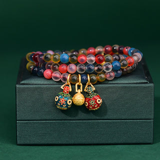 Buddha Gift Colorful Candy Agate Gold Swallowing Beast Family Strength Charm Triple Wrap Bracelet