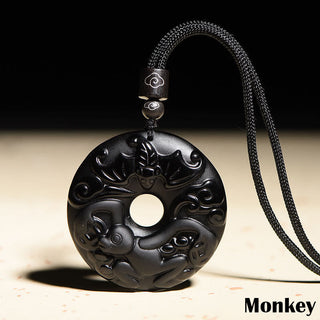 Buddha Gift Chinese Zodiac Natural Black Obsidian Peace Buckle Strength Necklace Pendant