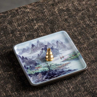Buddha Gift Mountain Lake Flower Leaf Healing Ceramic Plate Tray Stick Incense Burner Decoration