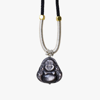 Buddha Gift Natural Silver Sheen Obsidian Laughing Buddha Protection Necklace Pendant