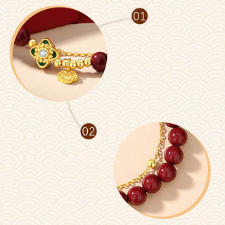 Buddha Gift 925 Sterling Silver Natural Cinnabar Four Leaf Clover Flower Blessing Chain Bracelet