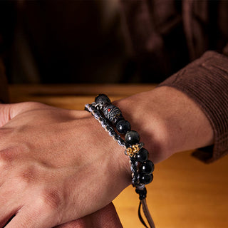 Buddha Gift 925 Sterling Silver Lava Rock Eagle's Eye Stone Lucky Beads Handmade Healing Bracelet