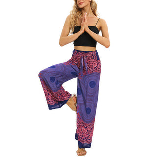 Buddha Gift Bohemian Compass Flower Print Lace-up Wide Leg Pants Women's Yoga Pants